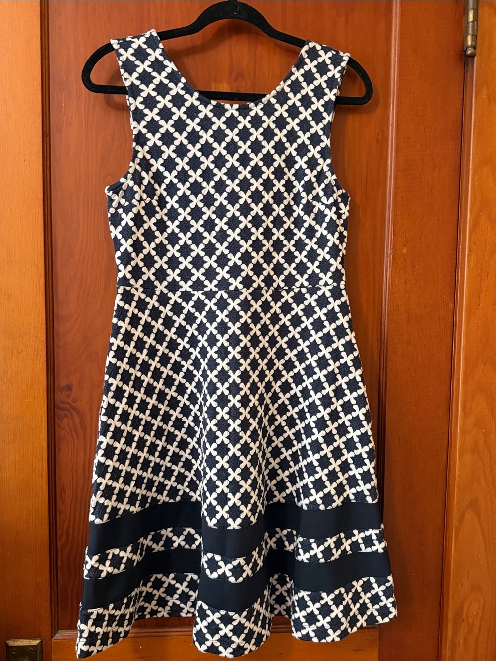 Mix Navy and White Sleeveless Fit-and-Flare Midi Dress